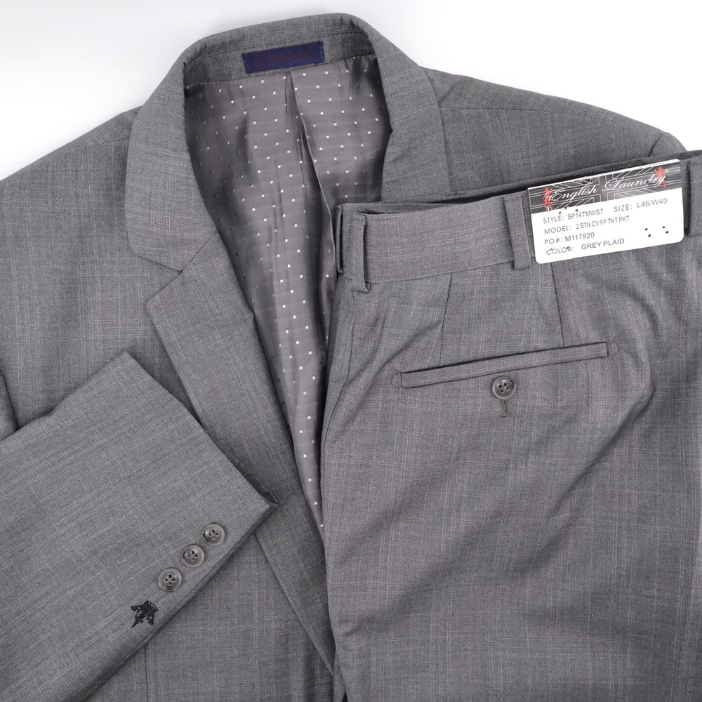 English Laundry Classic Collection Plaid 2 Piece‎ Suit Grey Mens 46L 40x38